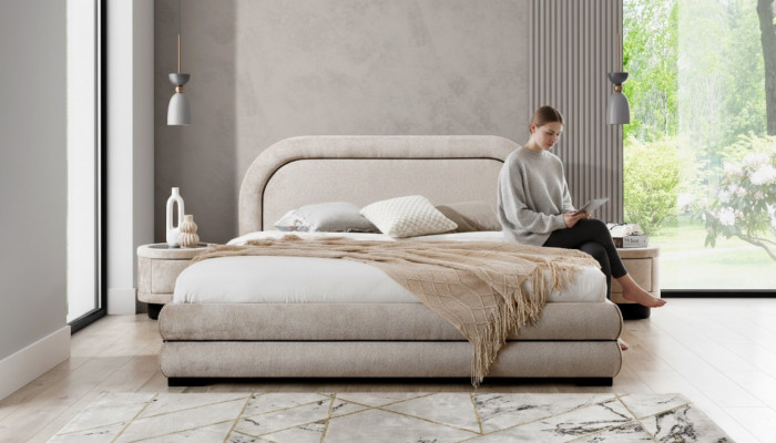 Sypialnia Ustaw Designer Beiges Podwójne łóżko 2x Włókienniczy Szafki nocne