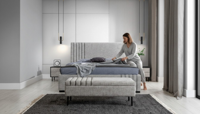 Jasnoszare Sypialnia Meble designerskie łóżko tekstylne 2x Szafki nocne