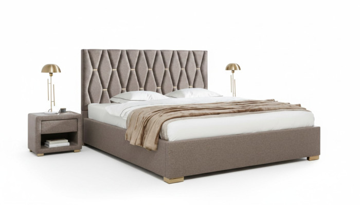 Brązowe łóżko materiałowe Designer z dodatkowymi stolikami nocnymi do sypialni, z 3 częściami mebli.