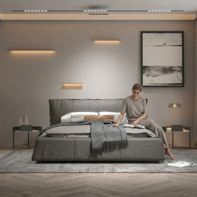 Szara Sypialnia Designerskie łóżko Podwójne łóżko z ramą drewnianą Nowe skórzane łóżko