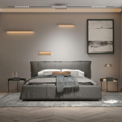 Szara Sypialnia Designerskie łóżko Podwójne łóżko z ramą drewnianą Nowe skórzane łóżko