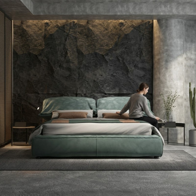 Green Sypialnia Designerskie łóżko Podwójne łóżko z luksusowej materiałowej drewnianej ramie