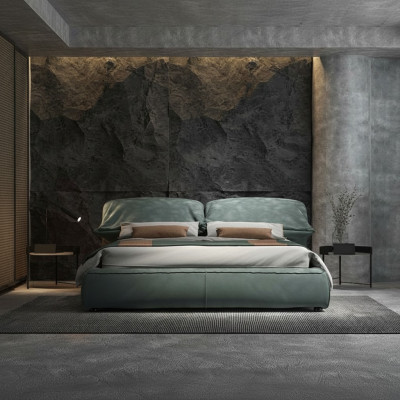 Green Sypialnia Designerskie łóżko Podwójne łóżko z luksusowej materiałowej drewnianej ramie