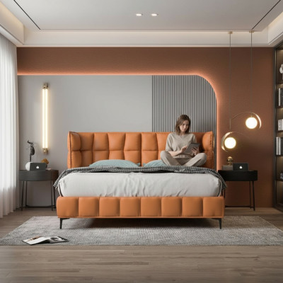 Orange Podwójne łóżko Sypialnia Meble Łóżka Tekstylne Drewniana Rama Stylowe