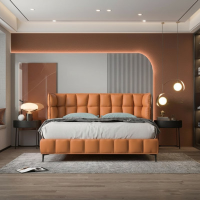 Orange Podwójne łóżko Sypialnia Meble Łóżka Tekstylne Drewniana Rama Stylowe