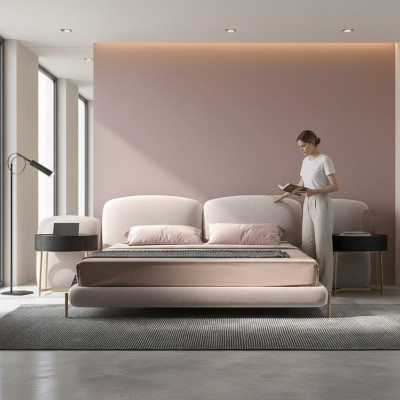 Duża Beżowa Sypialnia Podwójne łóżko Designer Szerokość s Włókienniczy Zagłówek