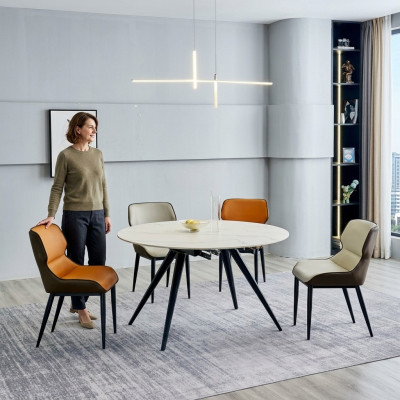 Stół obiadowy okrągły beżowy 4x krzesła tapicerowane designerska jadalnia