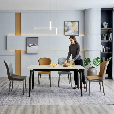Zestaw do jadalni designerski biały Stół obiadowy 4x skórzane krzesła do siedzenia grupa 5 szt