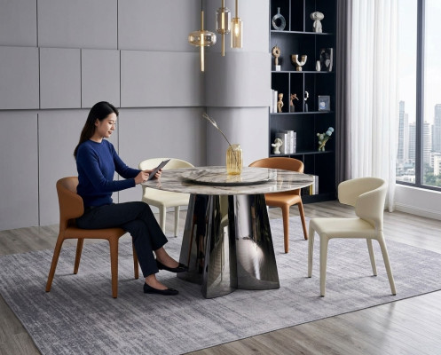 Designerski okrągły stół luksusowy 4x skórzane krzesła do jadalni z grupy Modern Meble