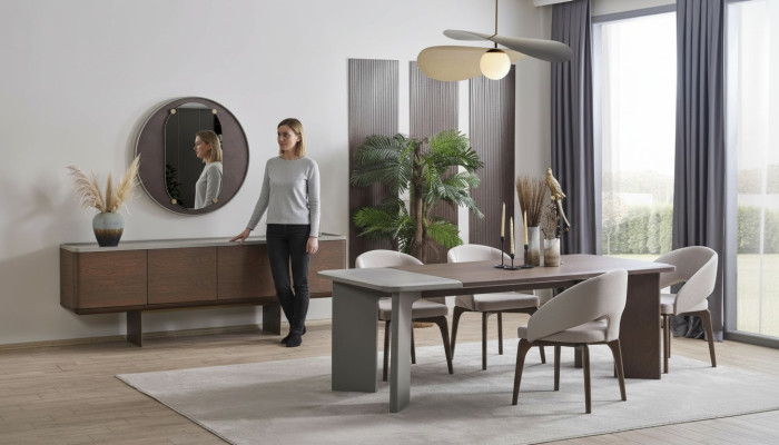 Duża jadalnia Ustaw designerski Stół obiadowy 4x Krzesła Kredens Lustro