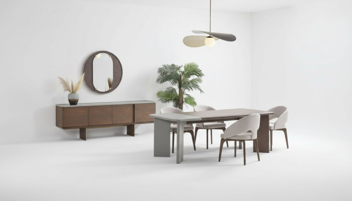 Duża jadalnia Ustaw designerski Stół obiadowy 4x Krzesła Kredens Lustro