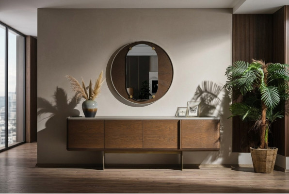 Brązowy kredens Nowoczesne drewniane meble Luksusowe okrągłe lustro Salon 2 sztuki