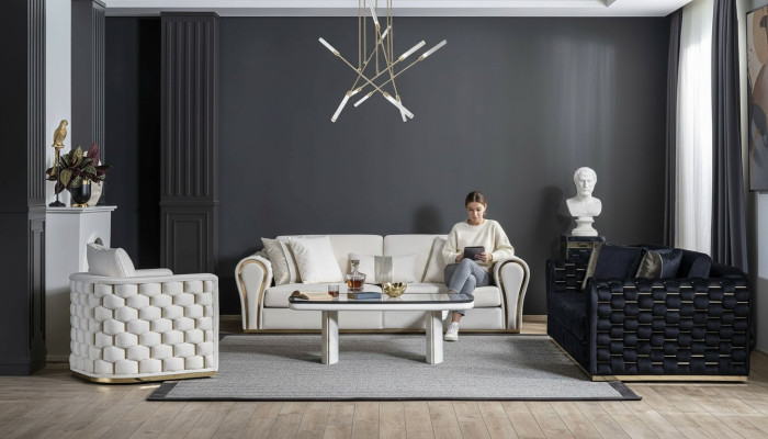 Niebiesko-beżowy zestaw do salonu luksusowy Zestaw sofowy 3+3+1 miejsce do siedzenia, designerska kanapa
