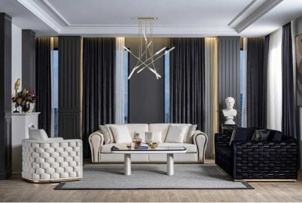 Niebiesko-beżowy zestaw do salonu luksusowy Zestaw sofowy 3+3+1 miejsce do siedzenia, designerska kanapa
