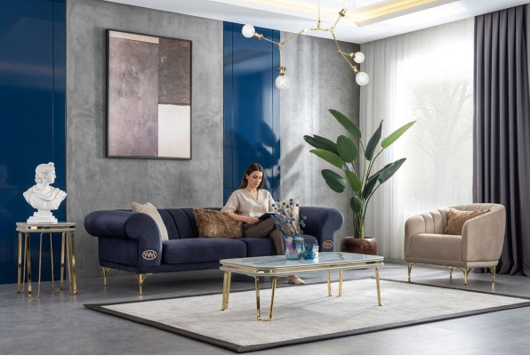 Nowoczesny Niebiesko-Beżowy Zestaw sofowy Designer 3+1 -miejsce siedzące Luksusowy Salon Fotel