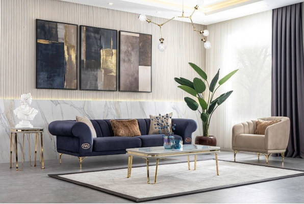 Nowoczesny Niebiesko-Beżowy Zestaw sofowy Designer 3+1 -miejsce siedzące Luksusowy Salon Fotel