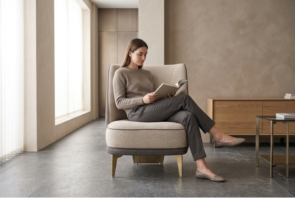 Szaro-Beżowy Fotel Designerski Pojedynczy Podłokietnik Fotel Salon 1-miejsce siedzące Nowość