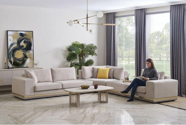 Salon Jasny Beż Narożnikowa kanapa L Shape Couch Nowoczesna Sofa Włókiennicza Meble