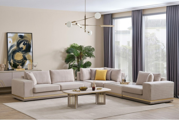 Salon Jasny Beż Narożnikowa kanapa L Shape Couch Nowoczesna Sofa Włókiennicza Meble