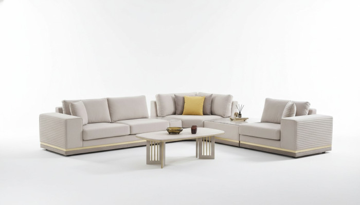 Salon Jasny Beż Narożnikowa kanapa L Shape Couch Nowoczesna Sofa Włókiennicza Meble