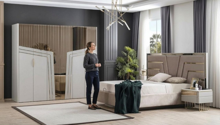 Nowoczesny zestaw Sypialnia Designerskie łóżko 2x Szafki nocne Szafa