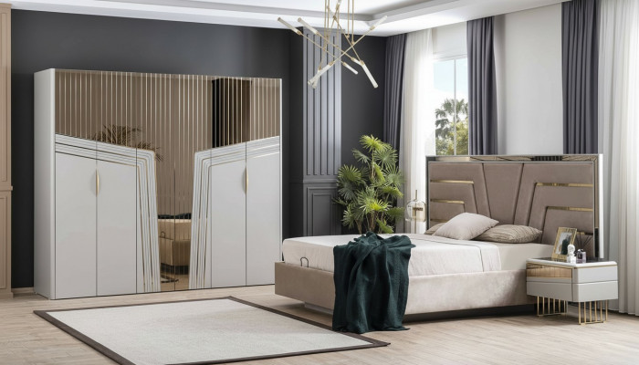 Nowoczesny zestaw Sypialnia Designerskie łóżko 2x Szafki nocne Szafa