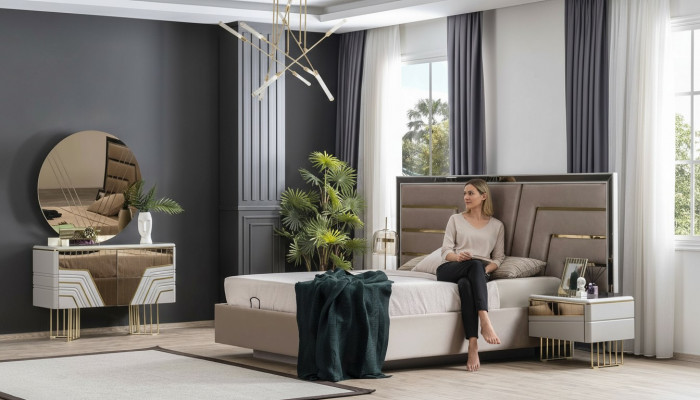 Sypialnia Zestaw Łóżko 2x Szafki nocne Kredens Lustro Luxury Zestaw 5 sztuk