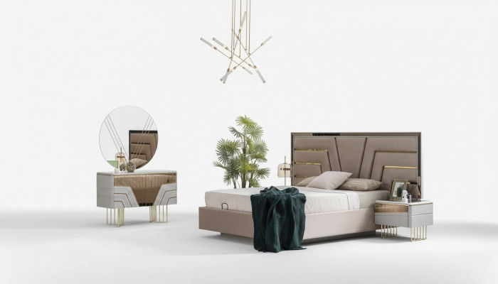 Sypialnia Zestaw Łóżko 2x Szafki nocne Kredens Lustro Luxury Zestaw 5 sztuk