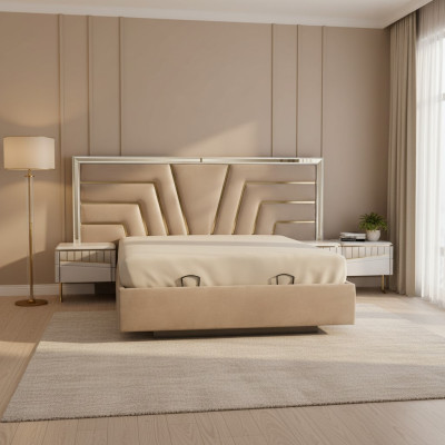 Beżowa Sypialnia Łóżko Designer 2x Szafki nocne Stivoller Zestaw 3szt