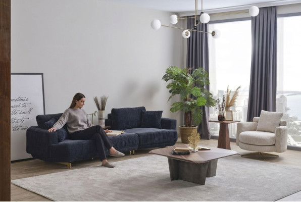 Niebieski trzyosobowy biały Designerski salon Fotel Zestaw sofowy 2-częściowy