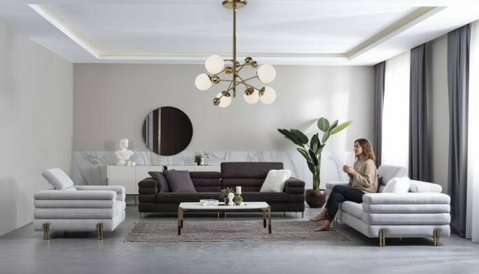 Designerski zestaw do salonu Zestaw sofowy 3+3+1 miejsce do siedzenia Brązowy komplet wypoczynkowy