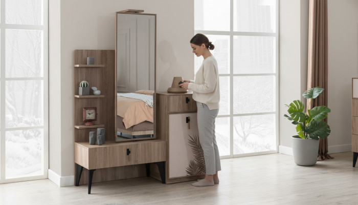 Sypialnia Luxus Moder Kredens z Lustro Modern Meble Drewno Nowość