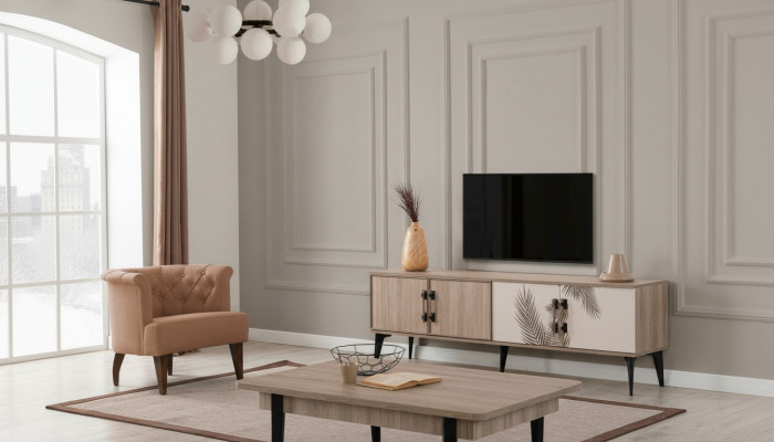 Nowoczesny salon Ustaw TV Szafa Luksusowy stolik kawowy Drewno Meble