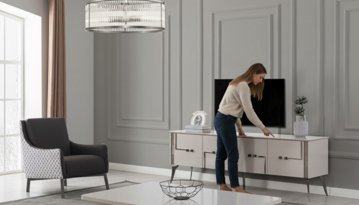 Szafka TV Beżowa Designerski stolik kawowy Luksusowe Meble do Salonu Meble Drewno 2-częściowe