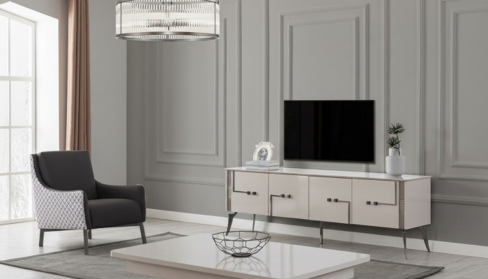 Szafka TV Beżowa Designerski stolik kawowy Luksusowe Meble do Salonu Meble Drewno 2-częściowe