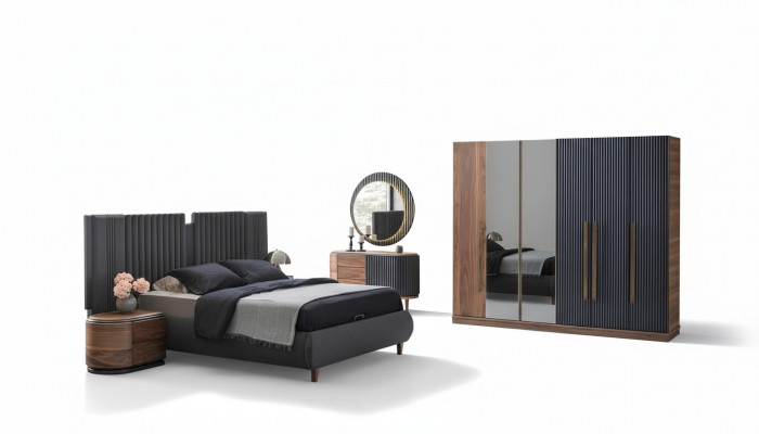 Czarny -Beżowy Sypialnia Ustawić Designer Podwójne łóżko 2x Szafki nocne