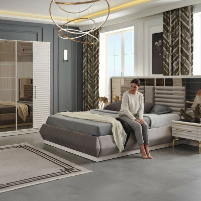 Nowoczesna Sypialnia Meble Designer Podwójne łóżko 2x Drewno Szafki nocne 3szt