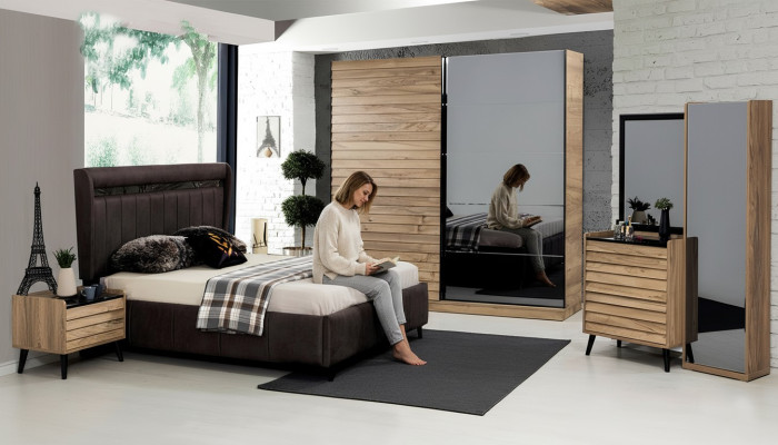 Sypialnia Meble Designer Łóżko tapicerowane 2x Szafki nocne Szafa