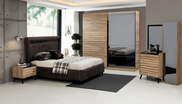 Sypialnia Meble Designer Łóżko tapicerowane 2x Szafki nocne Szafa