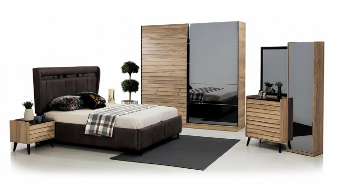 Sypialnia Meble Designer Łóżko tapicerowane 2x Szafki nocne Szafa