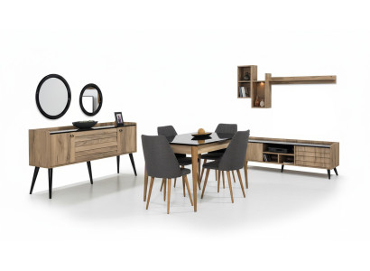 Czarny -Brązowy zestaw do jadalni Stół obiadowy 4x Krzesła Kredens Lustro 8-częściowy