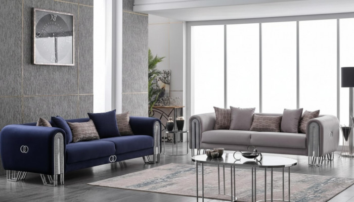 Aksamit Couch Silver Luxury Zestaw sofowy 3+3 miejsce do siedzenia Sofa 2-częściowa.