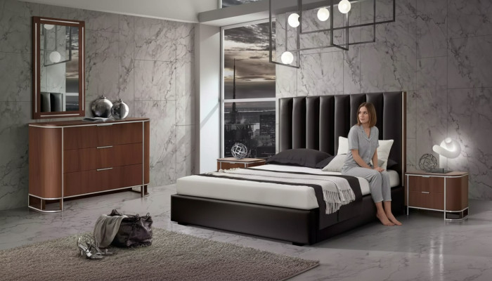 Kompletny Zestaw Sypialnia Designerskie Meble Podwójne łóżko 2x Szafki nocne 5szt