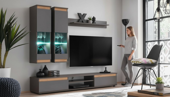Luksusowa jednostka ścienna szafka pod telewizor Drewno Designerska Salon Szare Meble Szafka Wisząca