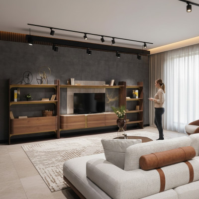 Luksusowa Jednostka ścienna Design Salon Ustawić Meble Brązowe Drewno Półka na książki Półki