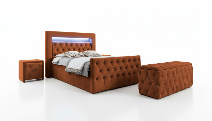 Chesterfield Sypialnia Zestaw łóżko tekstylne 2x Drewno Szafki nocne Stołek