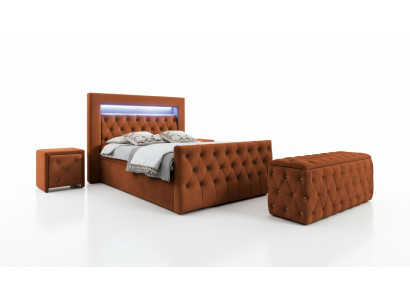 Chesterfield Sypialnia Zestaw łóżko tekstylne 2x Drewno Szafki nocne Stołek
