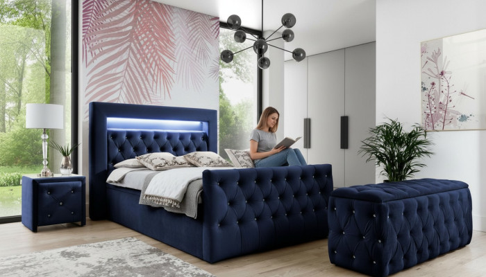 Ciemnoniebieskie Chesterfield Sypialnia Meble LED-Podwójne konsole nocne
