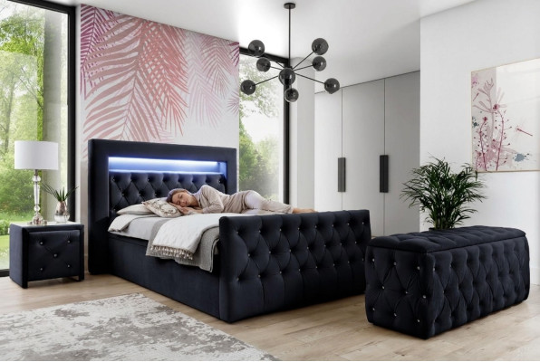Łóżko tekstylne LED Chesterfield Czarne 2x Drewno Szafki nocne Stołek 4szt