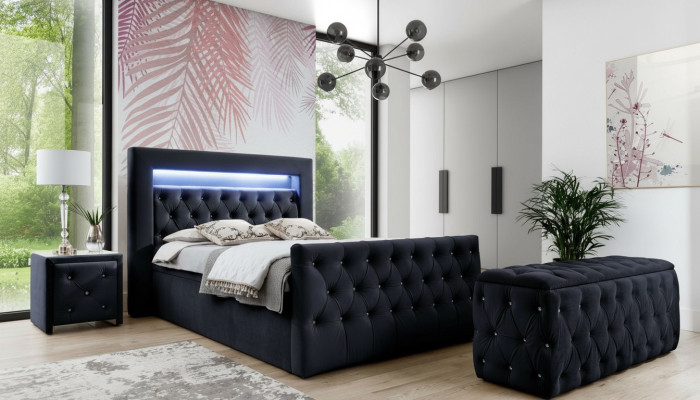 Łóżko tekstylne LED Chesterfield Czarne 2x Drewno Szafki nocne Stołek 4szt